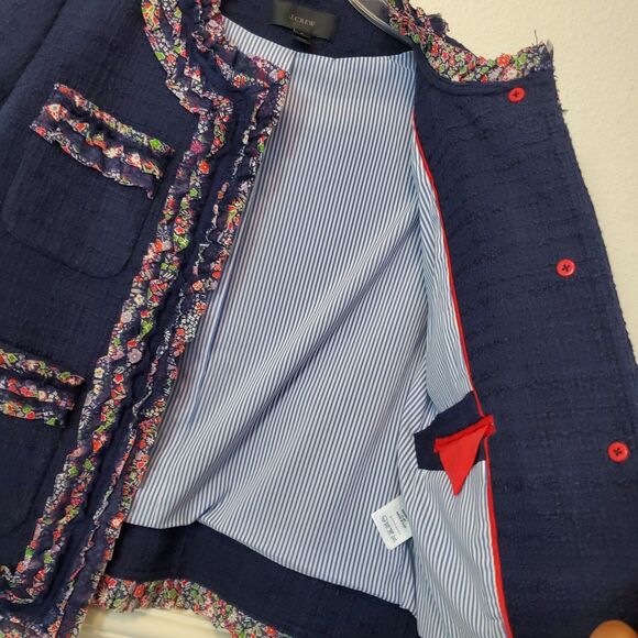 J Crew Lady Jacket Blazer Liberty Floral Trim Tweed Preppy Navy Blue Womens 2 - Picture 6 of 16